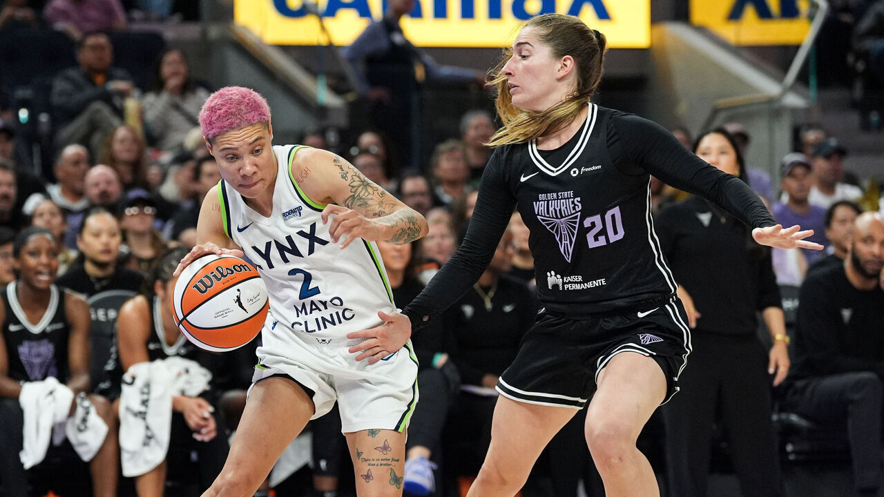 SAN FRANCISCO, CALIFORNIA - SEPTEMBER 6: Natisha Hiedeman #2 of the Minnesota Lynx dribbles the ball baseline in the third quarter against Kate Martin #20 of the Golden State Valkyries at Chase Center on September 6, 2025 in San Francisco, California. NOTE TO USER: User expressly acknowledges and agrees that, by downloading and/or using this photograph, User is consenting to the terms and conditions of the Getty Images License Agreement.