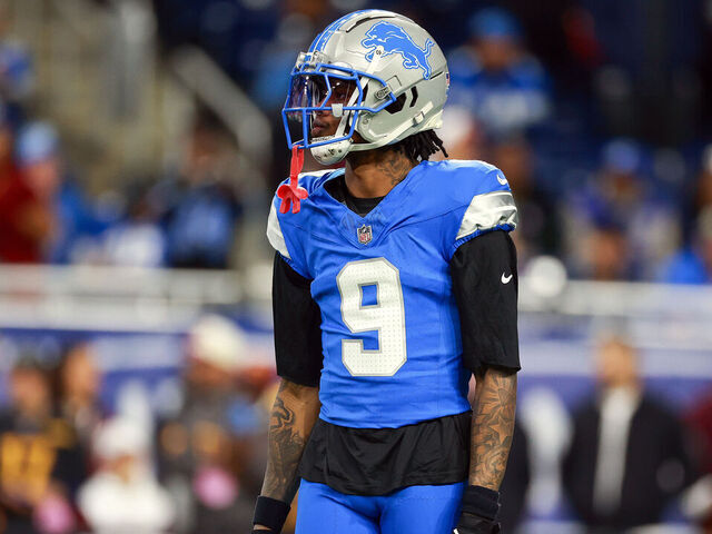 DETROIT,MICHIGAN-JANUARY 18: Wide receiver Jameson Williams (9) of the Detroit Lions walks on the field ahead of an NFL Divisional Round game between the Detroit Lions and the Washington Commanders in Detroit, Michigan USA, on Saturday, January 18, 2025.