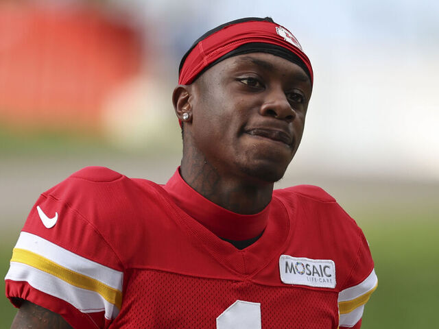 ST. JOSEPH, MO - AUGUST 12: Kansas City Chiefs wide receiver Xavier Worthy (1) walks to the field before the start of practice during training camp on August 12, 2025 at Missouri Western State University in St. Joseph, MO.