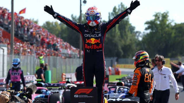MONZA, ITALY - SEPTEMBER 07: Race winner Max Verstappen of the Netherlands and Oracle Red Bull Racing celebrates on arrival in parc ferme during the F1 Grand Prix of Italy at Autodromo Nazionale Monza on September 07, 2025 in Monza, Italy.
