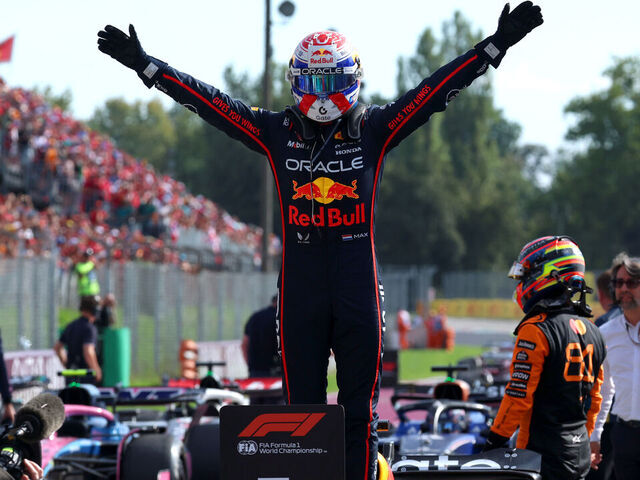 MONZA, ITALY - SEPTEMBER 07: Race winner Max Verstappen of the Netherlands and Oracle Red Bull Racing celebrates on arrival in parc ferme during the F1 Grand Prix of Italy at Autodromo Nazionale Monza on September 07, 2025 in Monza, Italy.