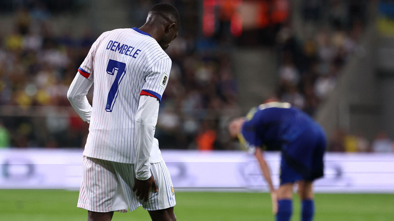 France's forward #07 Ousmane Dembele reacts after an injury during the 2026 World Cup qualifiers Europe zone group D football match between Ukraine and France, in Wroclaw, Poland, on September 5, 2025. The forward of the French national team and Paris Saint-Germain, Ousmane Dembélé, will be out "six to eight weeks" due to a muscle injury in his right thigh, AFP learned on September 6, 2025, from a source close to the player.