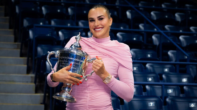 NEW YORK, NEW YORK - SEPTEMBER 06: Aryna Sabalenka poses with the champions trophy after defeating Amanda Anisimova of the United States in the womens singles final on Day 14 of the US Open at USTA Billie Jean King National Tennis Center on September 06, 2025 in New York City