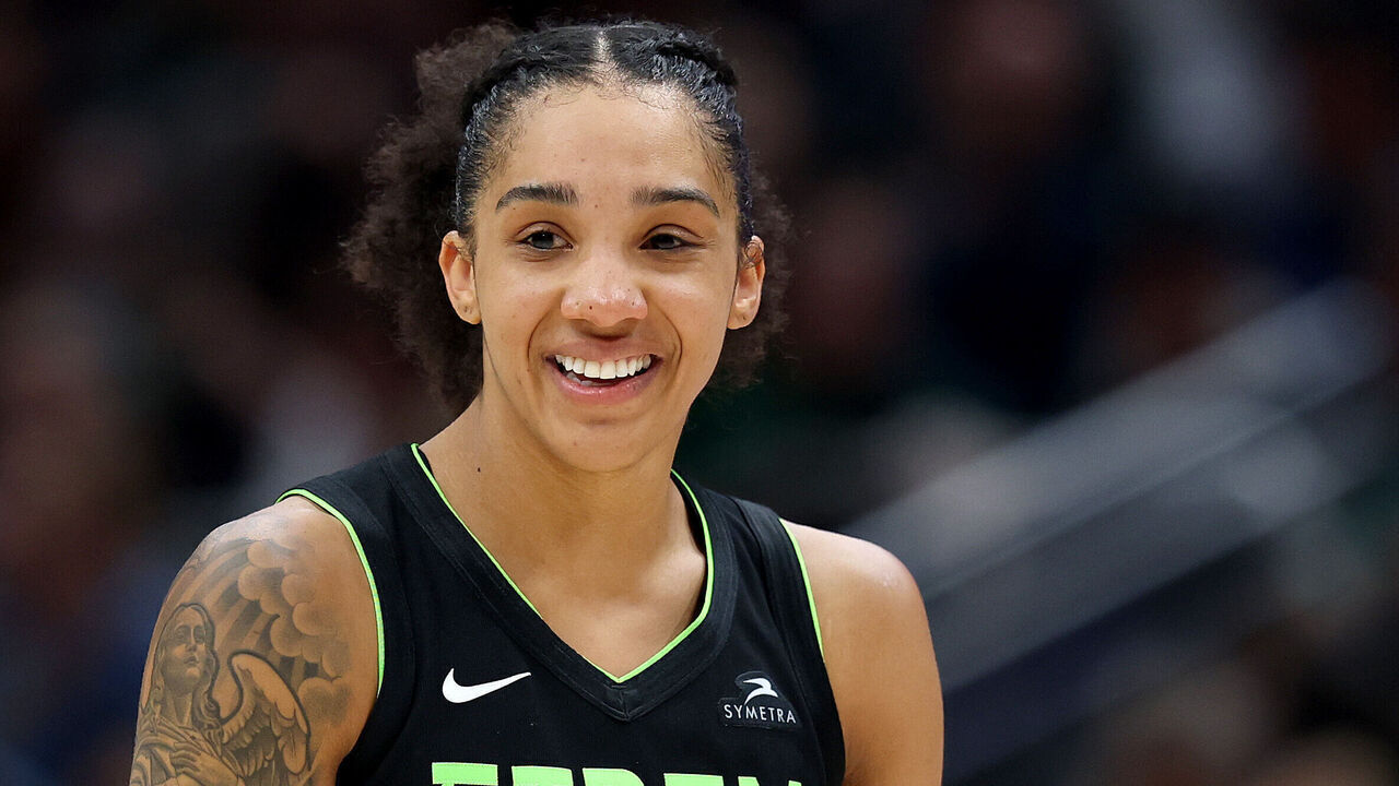 SEATTLE, WASHINGTON - SEPTEMBER 05: Gabby Williams #5 of the Seattle Storm looks on against the New York Liberty at Climate Pledge Arena on September 05, 2025 in Seattle, Washington.