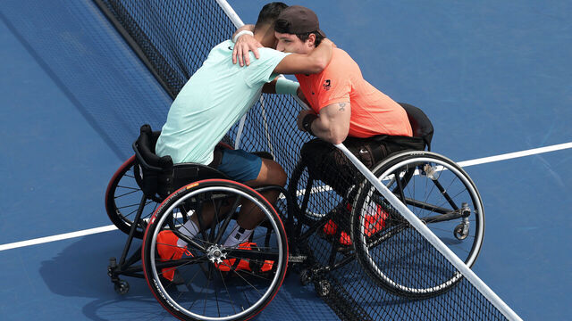NEW YORK, NEW YORK - SEPTEMBER 06: Tokito Oda of Japan (L) greets Gustavo Fernandez of Argentina (R) following their Wheelchair Men's Singles Final match on Day Fourteen of the 2025 US Open at USTA Billie Jean King National Tennis Center on September 06, 2025 in New York City.