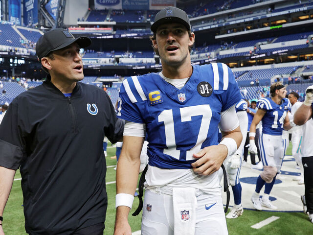 INDIANAPOLIS, INDIANA - SEPTEMBER 07: Daniel Jones #17 of the Indianapolis Colts walks off the field after defeating the Miami Dolphins during the game at Lucas Oil Stadium on September 07, 2025 in Indianapolis, Indiana.