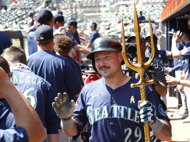 ATLANTA, GA - SEPTEMBER 07: Cal Raleigh #29 of the Seattle Mariners reacts after hitting a home run during the MLB game between the Seattle Mariners and the Atlanta Braves on September 07, 2025 at TRUIST Park in Atlanta, GA.