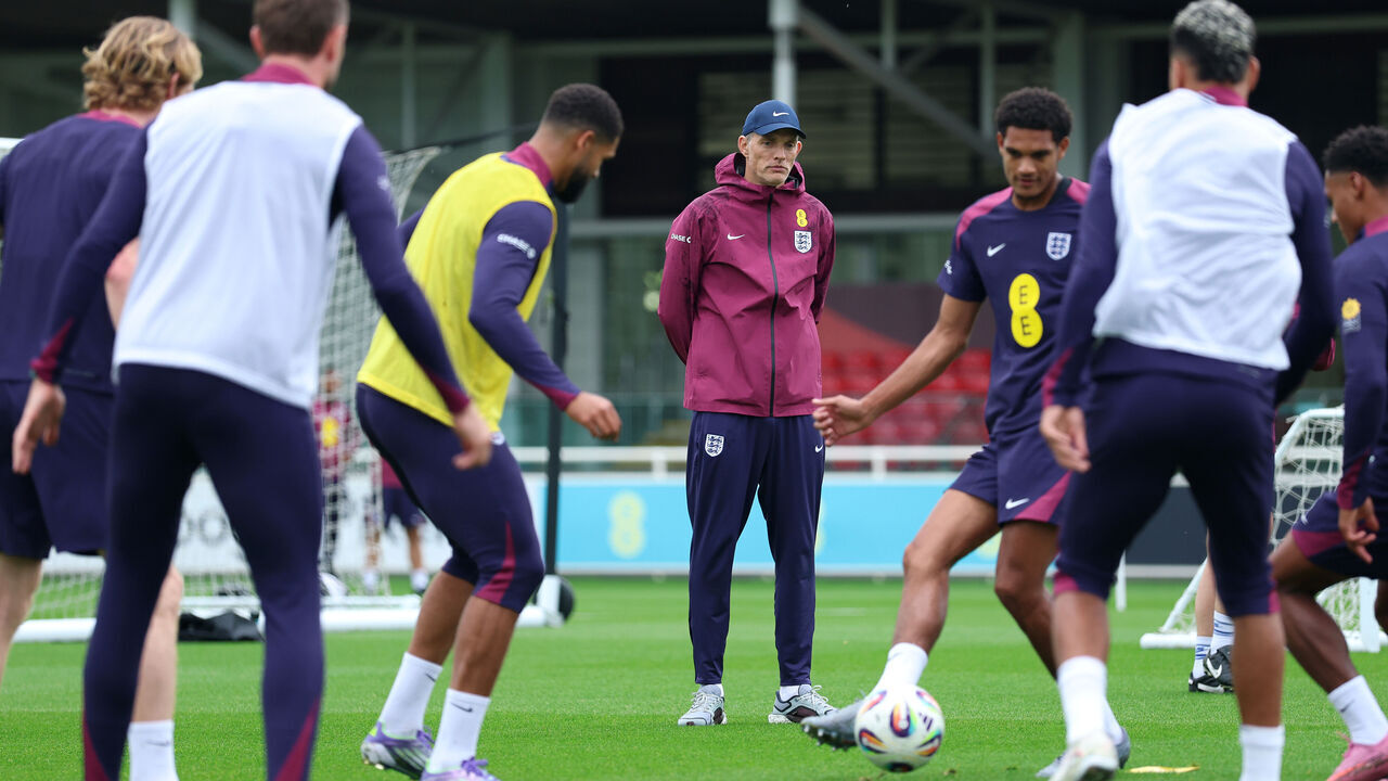 BURTON UPON TRENT, ENGLAND - SEPTEMBER 07: Thomas Tuchel, Head Coach of England, watches on during an England Training Session at St George's Park on September 07, 2025 in Burton upon Trent, England.