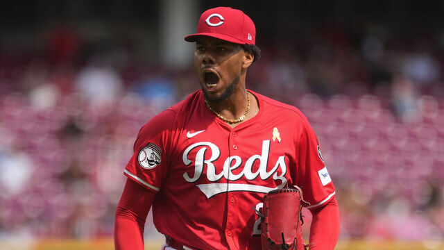 CINCINNATI, OHIO - SEPTEMBER 07: Hunter Greene #21 of the Cincinnati Reds reacts after striking out the last batter in the seventh inning of a baseball game against the New York Mets at Great American Ball Park on September 07, 2025 in Cincinnati, Ohio.
