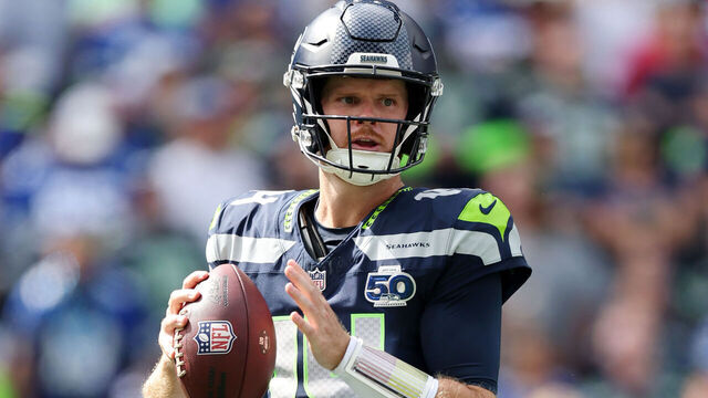 SEATTLE, WASHINGTON - SEPTEMBER 07: Sam Darnold #14 of the Seattle Seahawks throws a pass during the second quarter against the San Francisco 49ers during the game at Lumen Field on September 07, 2025 in Seattle, Washington.