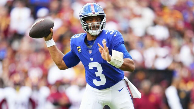 LANDOVER, MD - SEPTEMBER 07: Russell Wilson #3 of the New York Giants drops back to pass against the Washington Commanders during an NFL football game at Northwest Stadium on September 7, 2025 in Landover, Maryland.