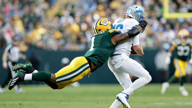 GREEN BAY, WISCONSIN - SEPTEMBER 07: Micah Parsons #1 of the Green Bay Packers sacks Jared Goff #16 of the Detroit Lions during the fourth quarter at Lambeau Field on September 07, 2025 in Green Bay, Wisconsin.