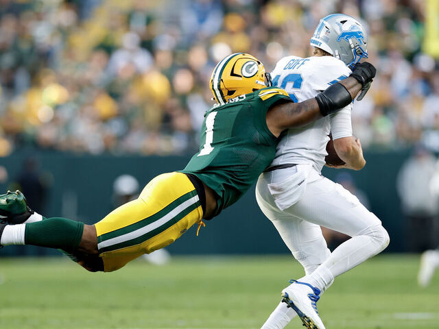 GREEN BAY, WISCONSIN - SEPTEMBER 07: Micah Parsons #1 of the Green Bay Packers sacks Jared Goff #16 of the Detroit Lions during the fourth quarter at Lambeau Field on September 07, 2025 in Green Bay, Wisconsin.