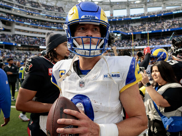 INGLEWOOD, CALIFORNIA - SEPTEMBER 07: Matthew Stafford #9 of the Los Angeles Rams looks on after beating the Houston Texans 14-9 at SoFi Stadium on September 07, 2025 in Inglewood, California.