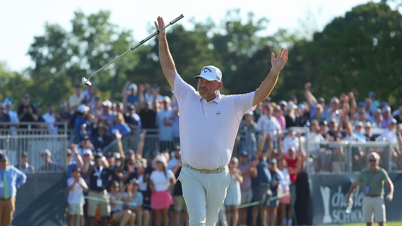ST LOUIS, MISSOURI - SEPTEMBER 7: Thomas Bjorn of Denmark reacts after sinking his winning putt on the 18th hole in a playoff during the third round of the Stifel Charity Classic 2025 at Norwood Hills Country Club on September 7, 2025 in St Louis, Missouri.