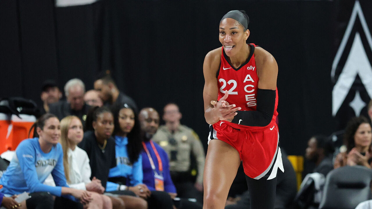 LAS VEGAS, NEVADA - SEPTEMBER 07: A'ja Wilson #22 of the Las Vegas Aces reacts after scoring against the Chicago Sky in the first quarter of their game at T-Mobile Arena on September 07, 2025 in Las Vegas, Nevada.