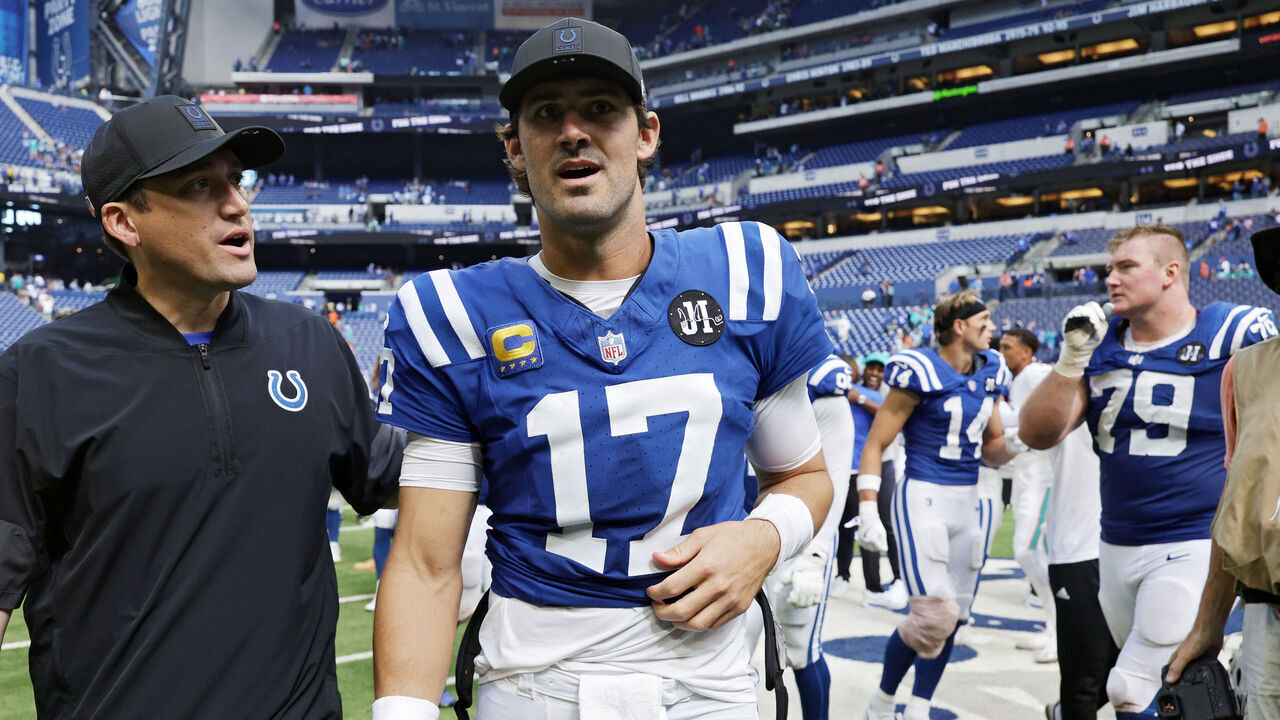 INDIANAPOLIS, INDIANA - SEPTEMBER 07: Daniel Jones #17 of the Indianapolis Colts walks off the field after defeating the Miami Dolphins during the game at Lucas Oil Stadium on September 07, 2025 in Indianapolis, Indiana.