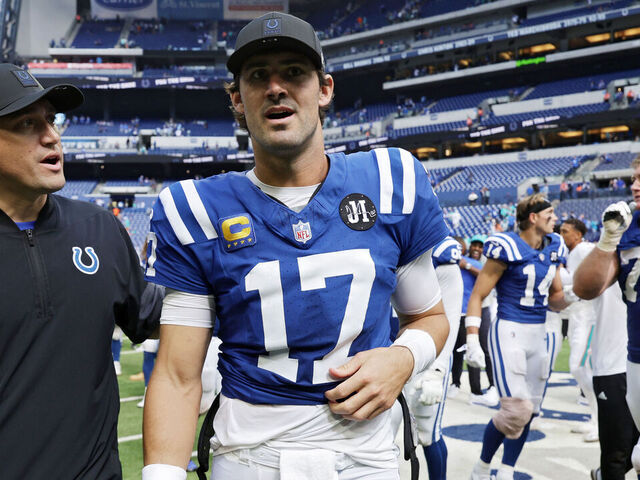 INDIANAPOLIS, INDIANA - SEPTEMBER 07: Daniel Jones #17 of the Indianapolis Colts walks off the field after defeating the Miami Dolphins during the game at Lucas Oil Stadium on September 07, 2025 in Indianapolis, Indiana.
