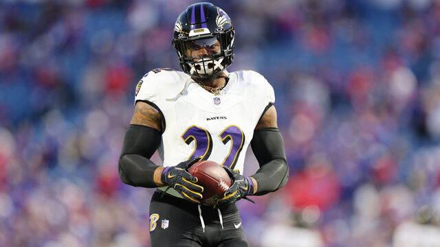 ORCHARD PARK, NEW YORK - SEPTEMBER 07: Derrick Henry #22 of the Baltimore Ravens looks on prior to a game against the Buffalo Bills at Highmark Stadium on September 07, 2025 in Orchard Park, New York.