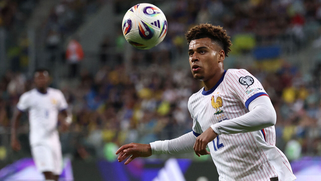 France's midfielder #12 Desire Doue eyes the ball during the 2026 World Cup qualifiers Europe zone group D football match between Ukraine and France, on September 5, 2025 in Wroclaw, Poland.