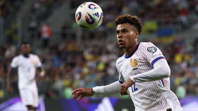 France's midfielder #12 Desire Doue eyes the ball during the 2026 World Cup qualifiers Europe zone group D football match between Ukraine and France, on September 5, 2025 in Wroclaw, Poland.
