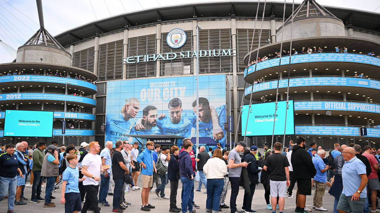 MANCHESTER, ENGLAND - AUGUST 23: General view of fans outside the stadium prior to the Premier League match between Manchester City and Tottenham Hotspur at Etihad Stadium on August 23, 2025 in Manchester, England.