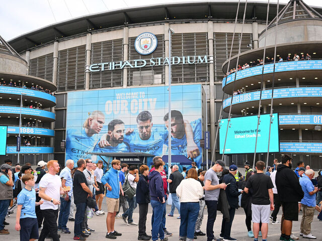 MANCHESTER, ENGLAND - AUGUST 23: General view of fans outside the stadium prior to the Premier League match between Manchester City and Tottenham Hotspur at Etihad Stadium on August 23, 2025 in Manchester, England.