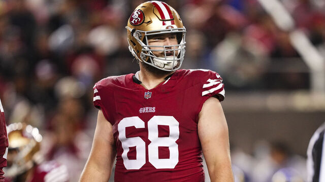 SANTA CLARA, CA - DECEMBER 12: Colton McKivitz #68 of the San Francisco 49ers looks on from the field during an NFL football game against the Los Angeles Rams at Levi's Stadium on December 12, 2024 in Santa Clara, California.