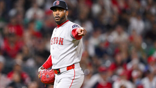ANAHEIM, CALIFORNIA - JUNE 24: Aroldis Chapman #44 of Boston Red Sox throws in the bottom of the ninth inning during the game against the Los Angeles Angels at Angel Stadium of Anaheim on June 24, 2025 in Anaheim, California.