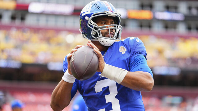 LANDOVER, MD - SEPTEMBER 07: Russell Wilson #3 of the New York Giants warms up before kickoff against the Washington Commanders during an NFL football game at Northwest Stadium on September 7, 2025 in Landover, Maryland.