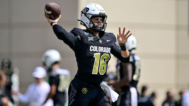 BOULDER, CO - SEPTEMBER 6: Ryan Staub #16 of the Colorado Buffaloes warms up before a game against the Delaware Fightin Blue Hens at Folsom Field on September 6, 2025 in Boulder, Colorado.