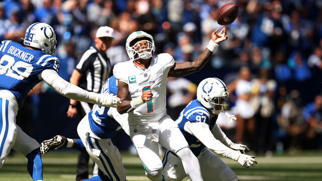 INDIANAPOLIS, INDIANA - SEPTEMBER 07: Tua Tagovailoa #1 of the Miami Dolphins throws a pass during the third quarter against the Indianapolis Colts during the game at Lucas Oil Stadium on September 07, 2025 in Indianapolis, Indiana.