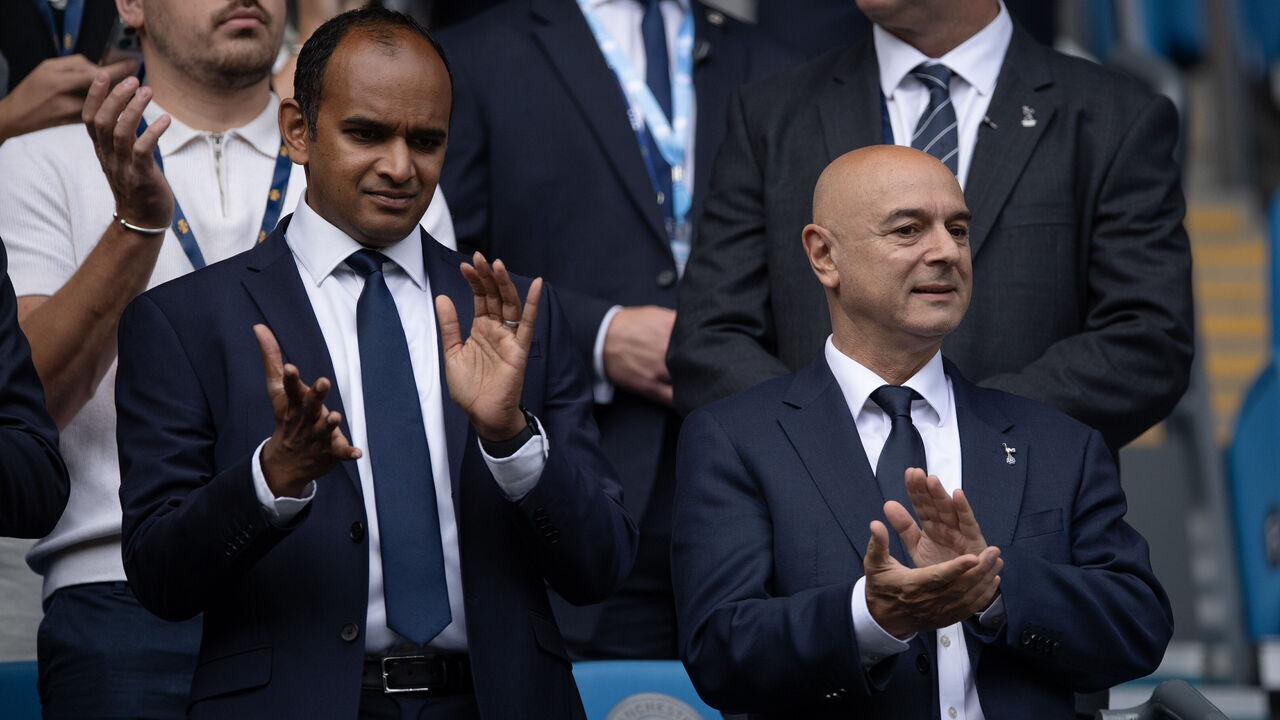 MANCHESTER, ENGLAND - AUGUST 23: Vinai Venkatesham, CEO of Tottenham Hotspur, and Daniel Levy, Chairman of Tottenham Hotspur during the Premier League match between Manchester City and Tottenham Hotspur at Etihad Stadium on August 23, 2025 in Manchester, England.
