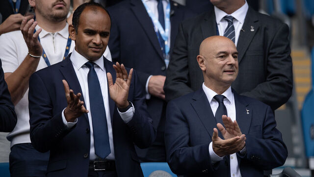MANCHESTER, ENGLAND - AUGUST 23: Vinai Venkatesham, CEO of Tottenham Hotspur, and Daniel Levy, Chairman of Tottenham Hotspur during the Premier League match between Manchester City and Tottenham Hotspur at Etihad Stadium on August 23, 2025 in Manchester, England.