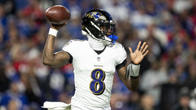 ORCHARD PARK, NEW YORK - SEPTEMBER 7: Lamar Jackson #8 of the Baltimore Ravens looks to pass during an NFL football game against the Buffalo Bills at Highmark Stadium on September 07, 2025 in Orchard Park, New York.