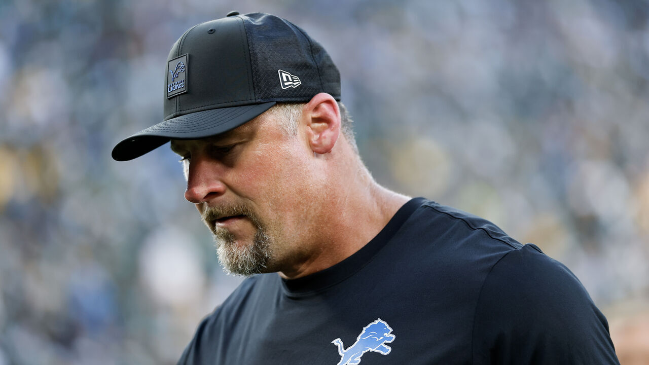 GREEN BAY, WISCONSIN - SEPTEMBER 07: Head coach Dan Campbell of the Detroit Lions looks on after losing to the Green Bay Packers 27-13 at Lambeau Field on September 07, 2025 in Green Bay, Wisconsin.