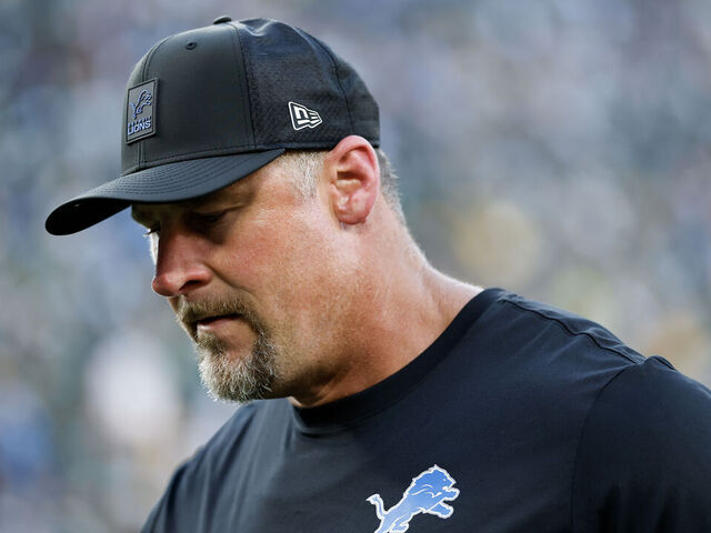 GREEN BAY, WISCONSIN - SEPTEMBER 07: Head coach Dan Campbell of the Detroit Lions looks on after losing to the Green Bay Packers 27-13 at Lambeau Field on September 07, 2025 in Green Bay, Wisconsin.