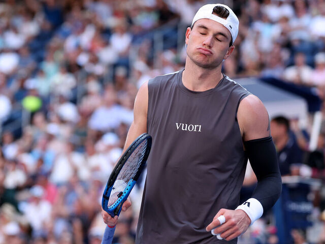 NEW YORK, NEW YORK - AUGUST 25: Jack Draper of the United Kingdom reacts against Federico Agustin Gomez of Argentina during their Men's Singles First Round match on Day Two of the 2025 US Open at USTA Billie Jean King National Tennis Center on August 25, 2025 in the Flushing neighborhood of the Queens borough of New York City.