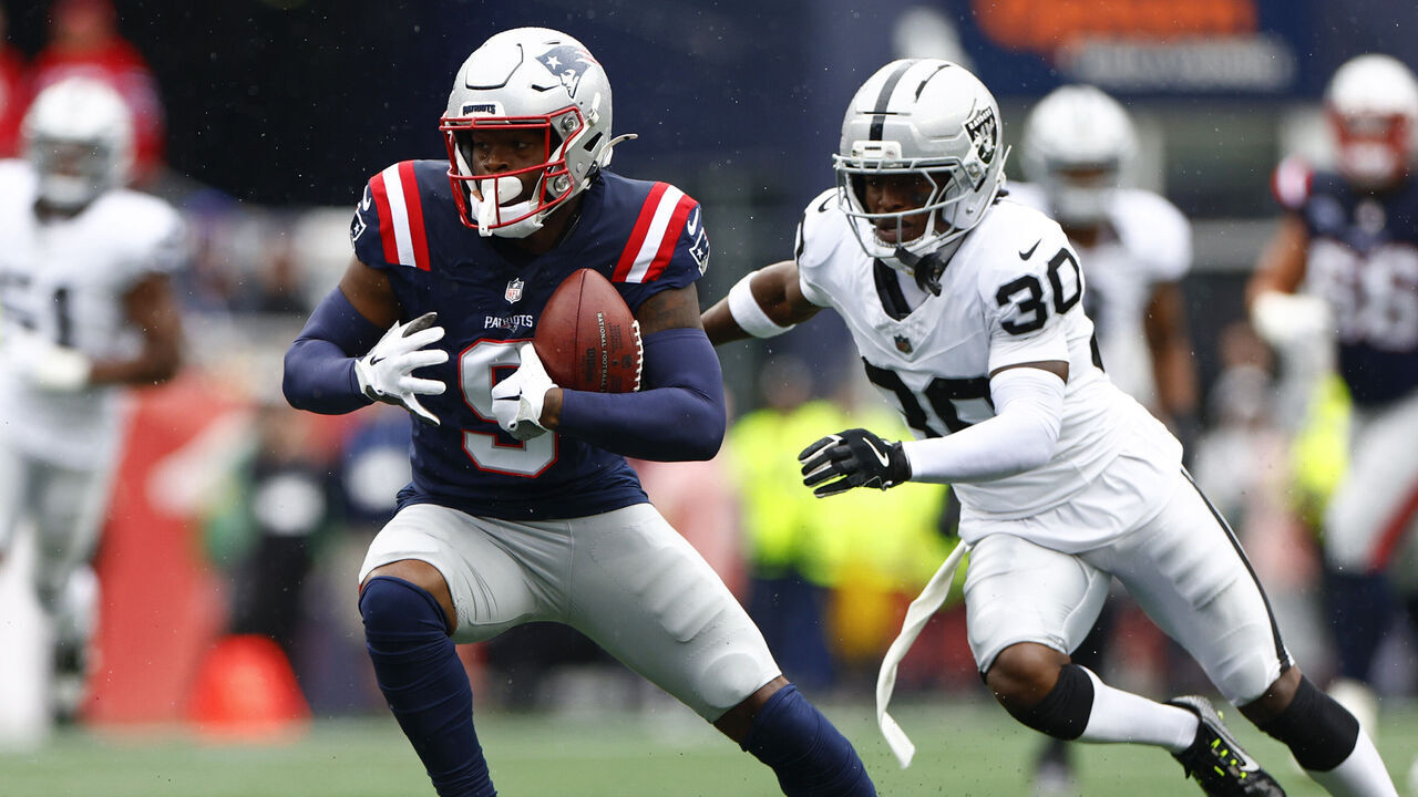 Foxborough, MA - September 7: New England Patriots wide receiver Kayshon Boutte makes a catch for a first down in the first quarter at Gillette Stadium on September 7, 2025.
