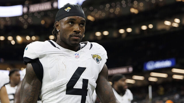 NEW ORLEANS, LOUISIANA - AUGUST 17: Tank Bigsby #4 of the Jacksonville Jaguars walks off the field prior to an NFL Preseason 2025 game against the New Orleans Saints at Caesars Superdome on August 17, 2025 in New Orleans, Louisiana.