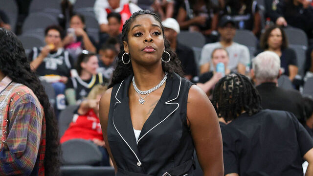 LAS VEGAS, NEVADA - SEPTEMBER 07: Cheyenne Parker-Tyus #32 of the Las Vegas Aces looks on before the team's game against the Chicago Sky at T-Mobile Arena on September 07, 2025 in Las Vegas, Nevada. The Aces defeated the Sky 80-66.