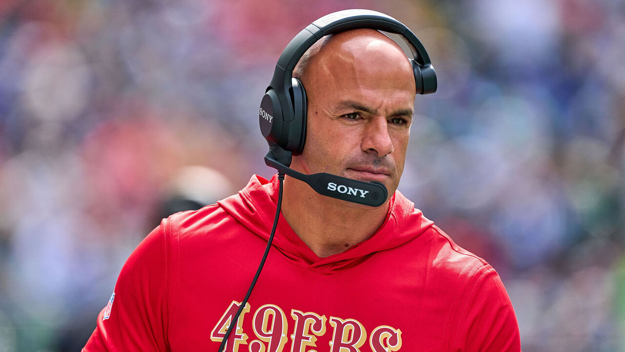SEATTLE, WA - SEPTEMBER 07: Defensive coordinator Robert Saleh of the San Francisco 49ers looks on during the first quarter against the Seattle Seahawks during the game at Lumen Field on September 07, 2025 in Seattle, Washington