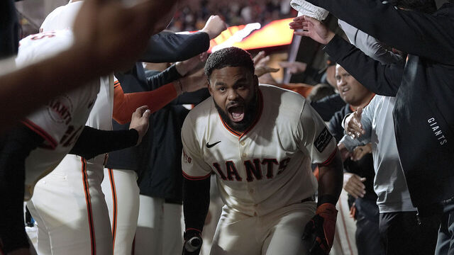 SAN FRANCISCO, CALIFORNIA - SEPTEMBER 08: Heliot Ramos #17 of the San Francisco Giants is congratulated by teammates after he hit a two-run home run against the Arizona Diamondbacks in the bottom of the six inning at Oracle Park on September 08, 2025 in San Francisco, California.