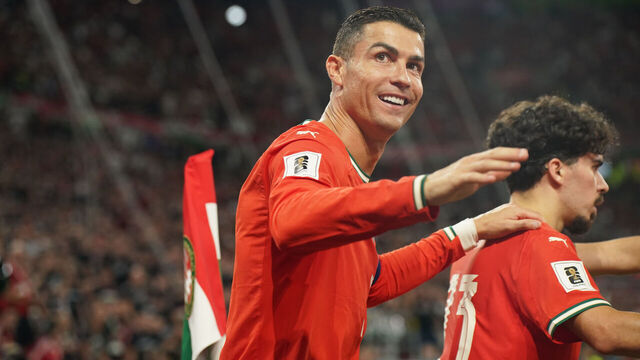 BUDAPEST, HUNGARY - SEPTEMBER 9: Cristiano Ronaldo of Portugal celebrates with his teammates during the FIFA World Cup 2026 qualifier match between Hungary and Portugal at Puskas Arena on September 9, 2025 in Budapest, Hungary.