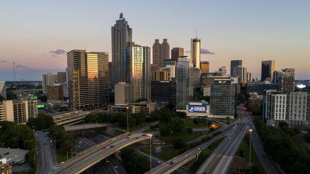 ATLANTA, GEORGIA - MAY 15: In an aerial view, the downtown skyline is seen from the I-75/85 Downtown Connector on May 15, 2024 in Atlanta, Georgia. Atlanta is one of the host cities for the 2026 World Cup.
