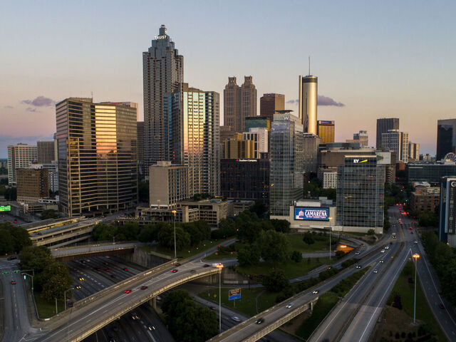 ATLANTA, GEORGIA - MAY 15: In an aerial view, the downtown skyline is seen from the I-75/85 Downtown Connector on May 15, 2024 in Atlanta, Georgia. Atlanta is one of the host cities for the 2026 World Cup.