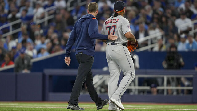 TORONTO, CANADA - SEPTEMBER 9: Luis Garcia #77 of the Houston Astros leaves the game with a team trainer after two innings against the Toronto Blue Jays at Rogers Centre on September 9, 2025 in Toronto, Canada.