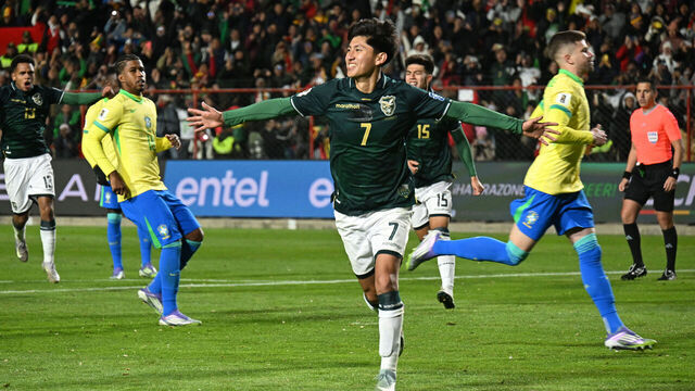 TOPSHOT - Bolivia's forward #07 Miguel Terceros celebrates scoring his team's first goal during the 2026 FIFA World Cup South American qualifiers football match between Bolivia and Brazil, at the Municipal de El Alto stadium, in El Alto, La Paz department, Bolivia on September 9, 2025.