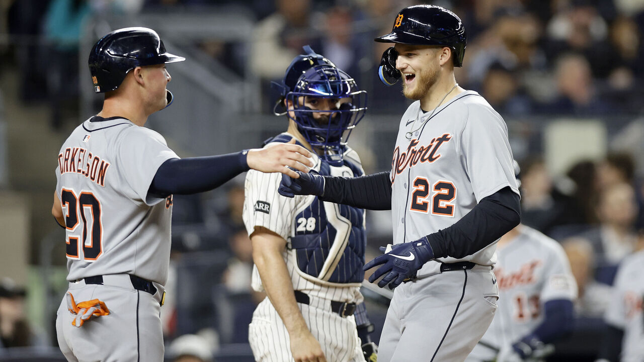 NEW YORK, NEW YORK - SEPTEMBER 09: Austin Wells #28 of the New York Yankees looks on as Parker Meadows #22 of the Detroit Tigers celebrates his fifth inning two run home run with teammate Spencer Torkelson #20 at Yankee Stadium on September 09, 2025 in New York City.