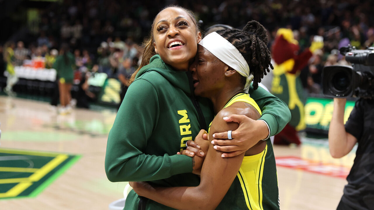 SEATTLE, WA - SEPTEMBER 9: Tiffany Mitchell #25 hugs Erica Wheeler #17 of the Seattle Storm after the game against the Golden State Valkyries on September 9, 2025 at Climate Pledge Arena in Seattle, Washington. Mandatory Copyright Notice: Copyright 2025 NBAE